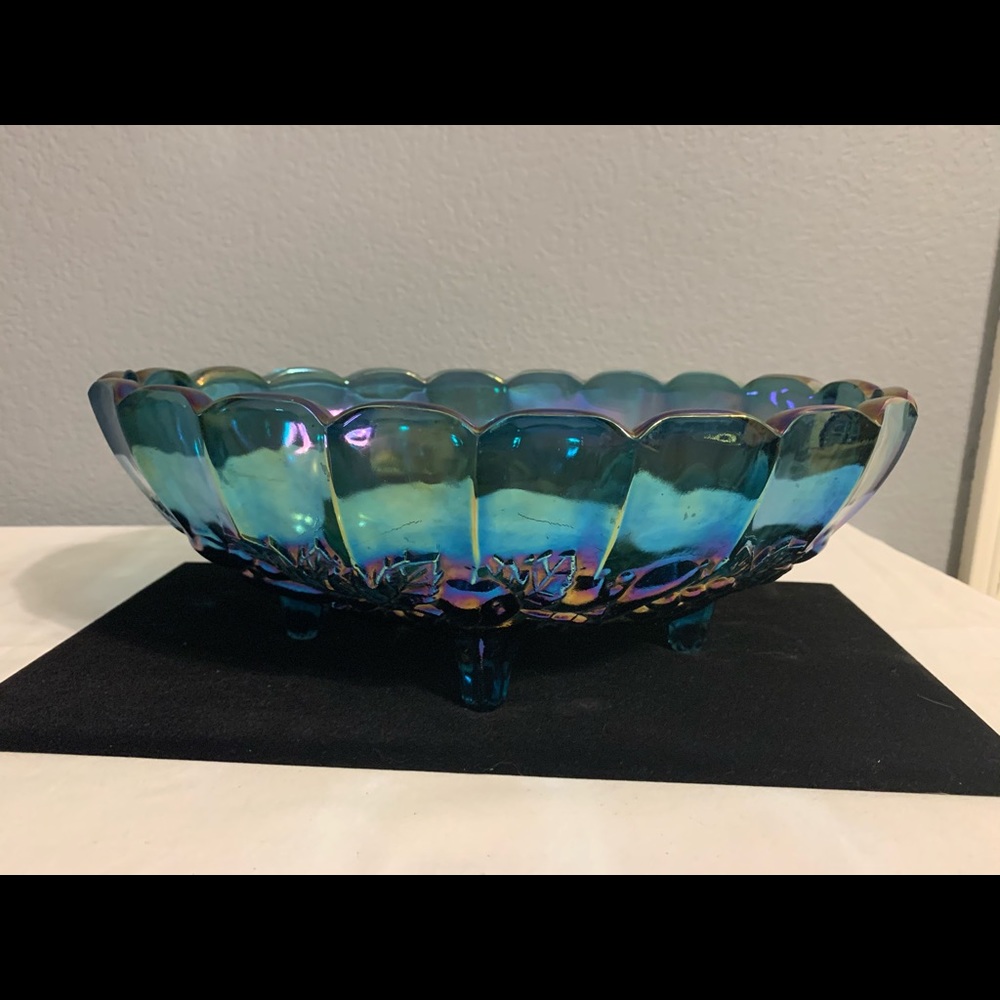 1960’s-70’s. Large Iridescent Blue Carnival Glass Compote Footed Oval Bowl